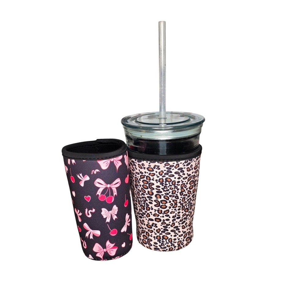 2 Pack Tumbler Sleeves Pink Hearts Leopard Print Cup Koozie Covers